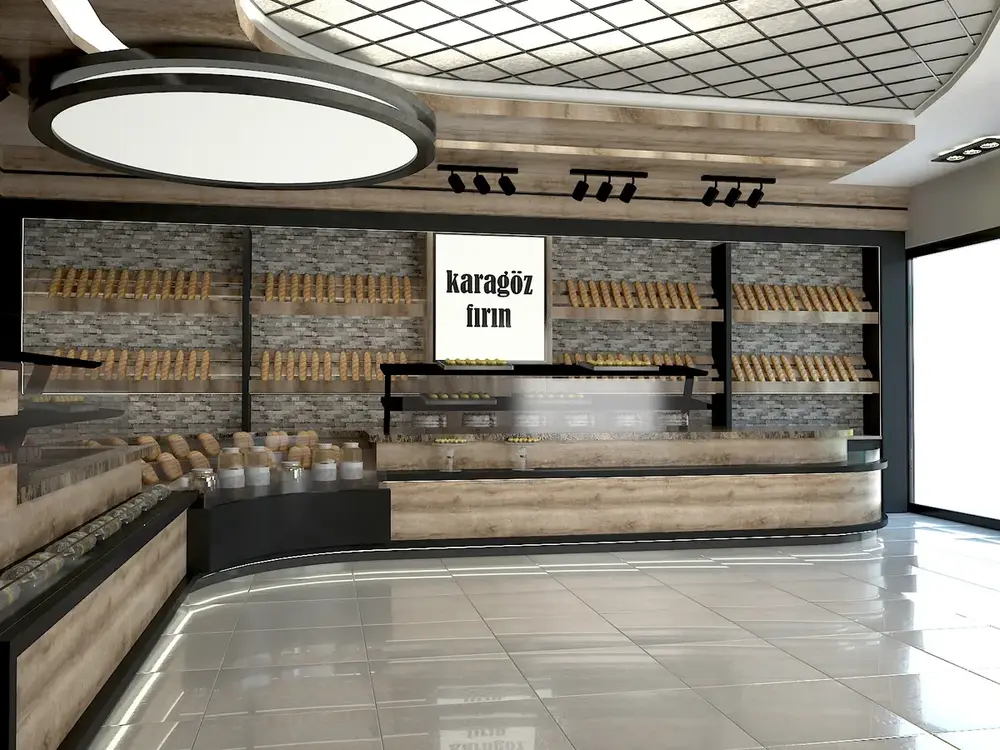 Karagöz Fırın konsepti, teşhir alanı, tavan kaset aydınlatma ve ürün rafları