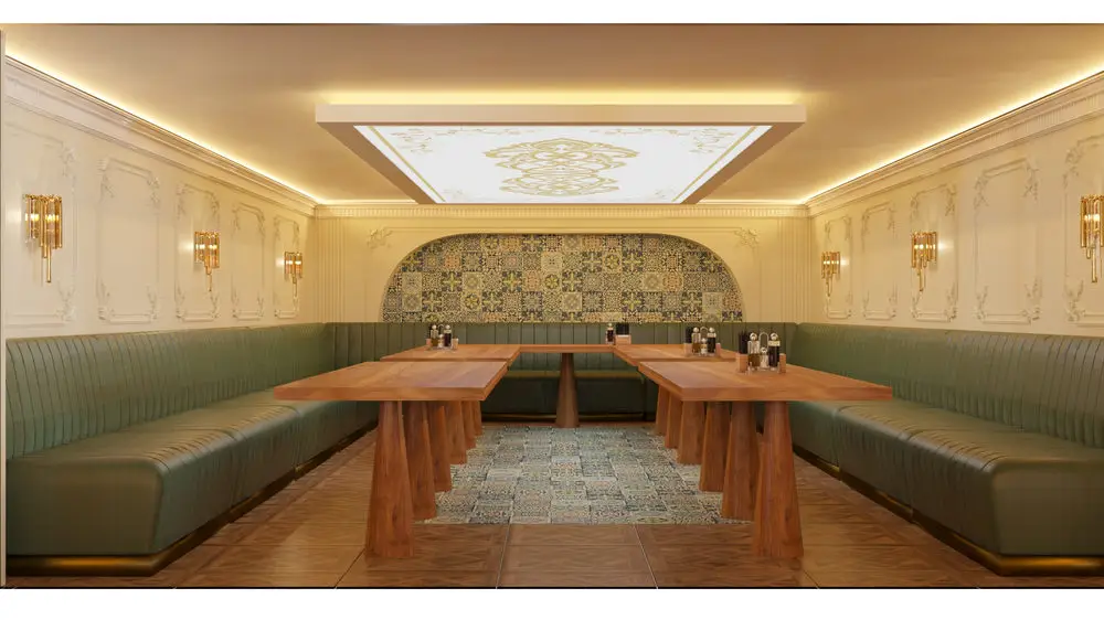 Afiyet Et restoran konsepti, özel yemek bölümü, yeşil banket oturma, çini panel duvar ve işlemeli asma tavan göbeği