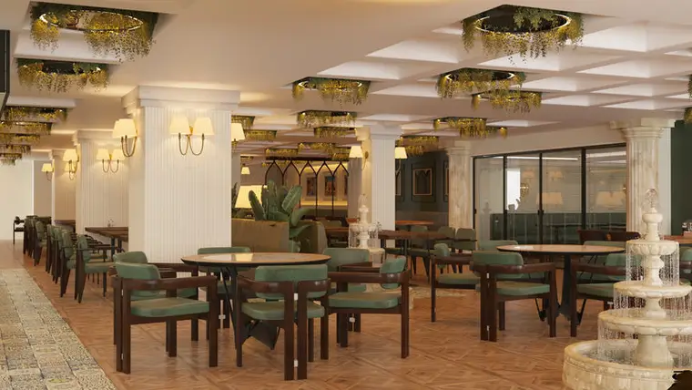 Afiyet Et restoran konsepti, ana yemek salonu, yivli kolon kaplamaları, kaset tavan ve yeşillik dolu tavan nişleri