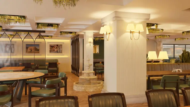 Afiyet Et restoran konsepti, taş çeşme detayı, kolon kaplaması ve duvar aplikleriyle klasik iç mekân kurgusu