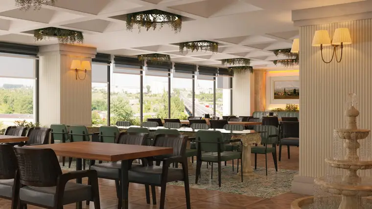 Afiyet Et restoran konsepti, pencere kenarı oturma alanı, manzaraya açılan cepheler, ahşap masalar ve yeşil sandalyeler