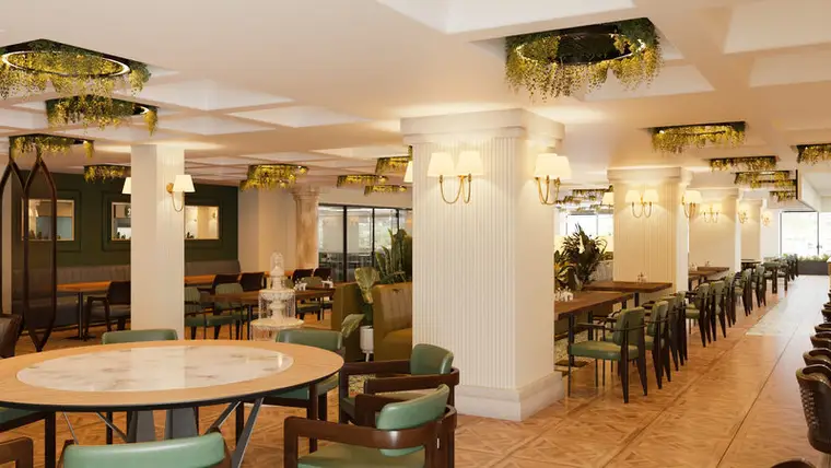 Afiyet Et restoran konsepti, mermer tablalı yuvarlak masalar, kolon kaplamaları ve bitkili tavan nişleri