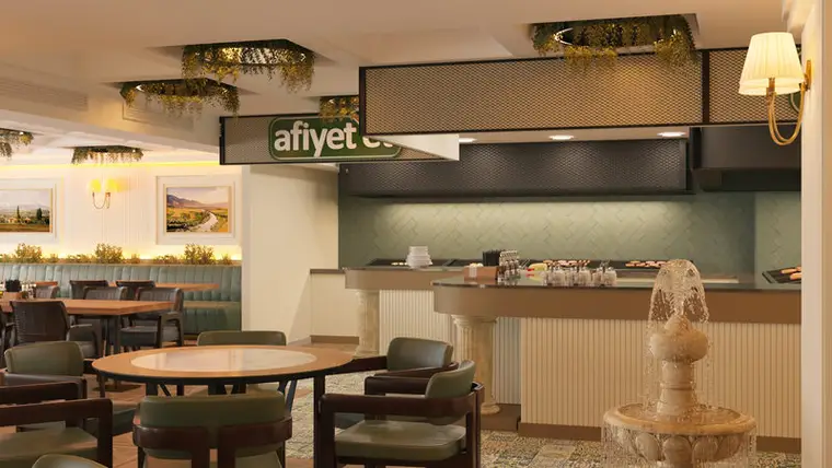 Afiyet Et restoran konsepti, servis tezgahı, yeşil balıksırtı seramik sırtlık, tabela ünitesi ve özel imalat tezgah