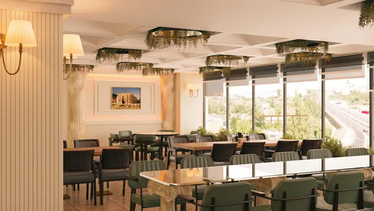 Afiyet Et restoran konsepti, cephe kenarı yemek alanı, banket oturma, duvar aplikleri ve yeşillikli kaset tavan