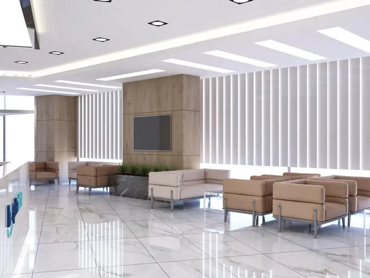 Bağcılar Hospitadent bekleme salonu, beyaz lamel duvar, ahşap panel ekran nişi ve koltuk düzeni