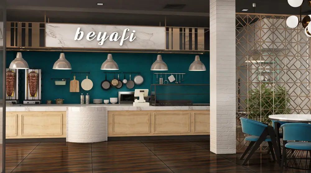 Beyafi Levent servis tezgahı, petrol mavisi sırtlık, ahşap dolap imalatı ve beyaz tuğla kolon kaplaması