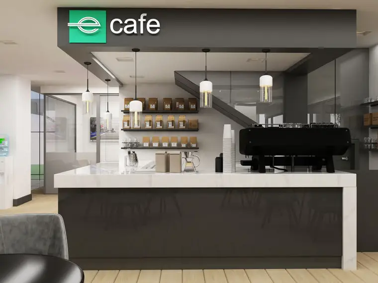 Enterprise Anadolu Hisarı e-cafe tezgahı yakın görünüm, kahve ünitesi, aydınlatmalı raflar ve tezgah imalatı