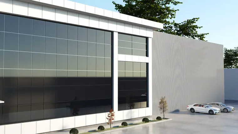 Forplas fabrika ofis bloğu cam giydirme cephe detayı, alüminyum taşıyıcı sistem ve koyu ısı kontrol camı
