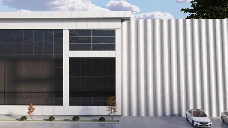 Forplas fabrika cephesi, cam giydirme ofis bölümü ile trapez sac üretim holü birleşimi