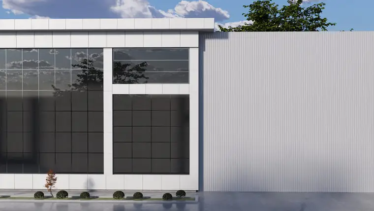 Forplas fabrika giriş cephesi, kompozit panel çerçeveli cam bölüm ve trapez sac duvar