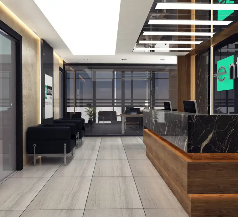 Gürbaşlar Plaza ofis içi, cam bölme duvar sistemleri arkasında açık ofis ve bekleme koltukları