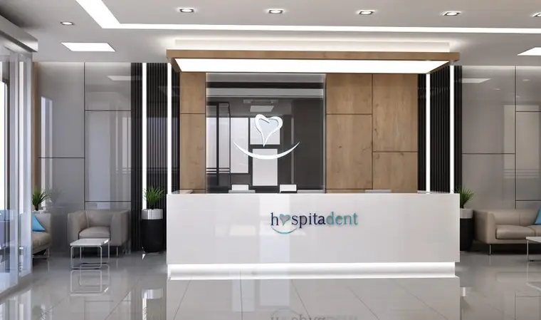 Hospitadent Çamlıca resepsiyon ve bekleme alanı, ahşap akustik lamel duvar ve gizli aydınlatmalı asma tavan