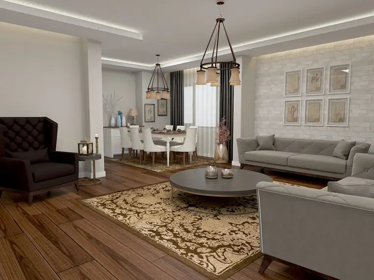 İnce Konut açık plan salon ve yemek alanı, tablo duvarı ve ahşap parke zemin
