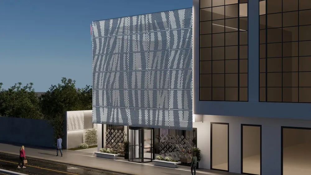 Server İdari Binası dış cephe konsepti, desenli delikli metal panel giydirme cephe ve zemin kat vitrini