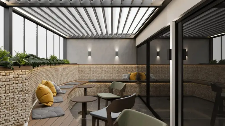 Server İdari Binası üstü örtülü teras konsepti, lamelli pergola, tuğla duvar ve banket oturma düzeni