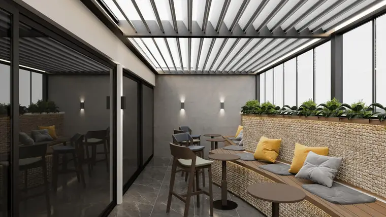 Server İdari Binası teras alanı konsepti, pergola çatı, yüksek masalar ve tuğla duvar kaplaması