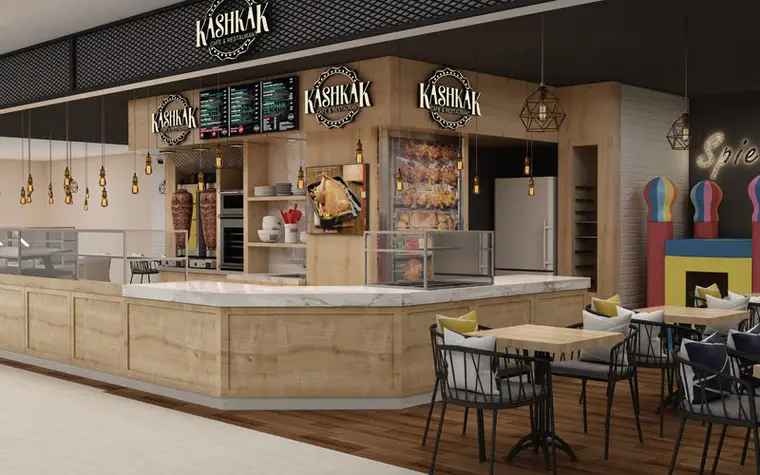 Kashkak Fırın servis tezgahı, teşhir dolabı, ızgara bölümü, menü panoları ve ahşap kaplama