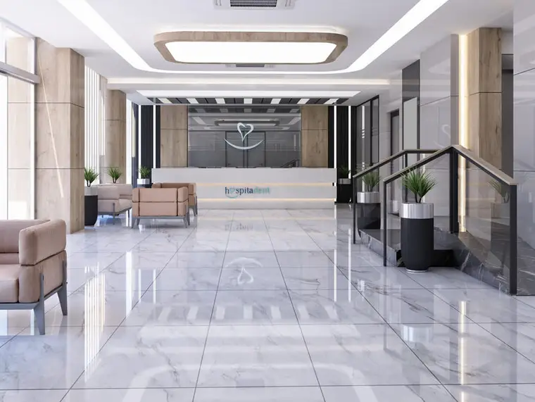 Mecidiyeköy Hospitadent lobi genel görünüm, resepsiyon, bekleme alanı ve merdiven bağlantısı