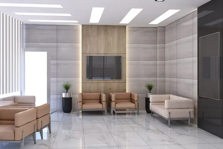 Pendik Hospitadent bekleme alanı, ahşap panel duvar, ekran nişi ve bekleme koltukları