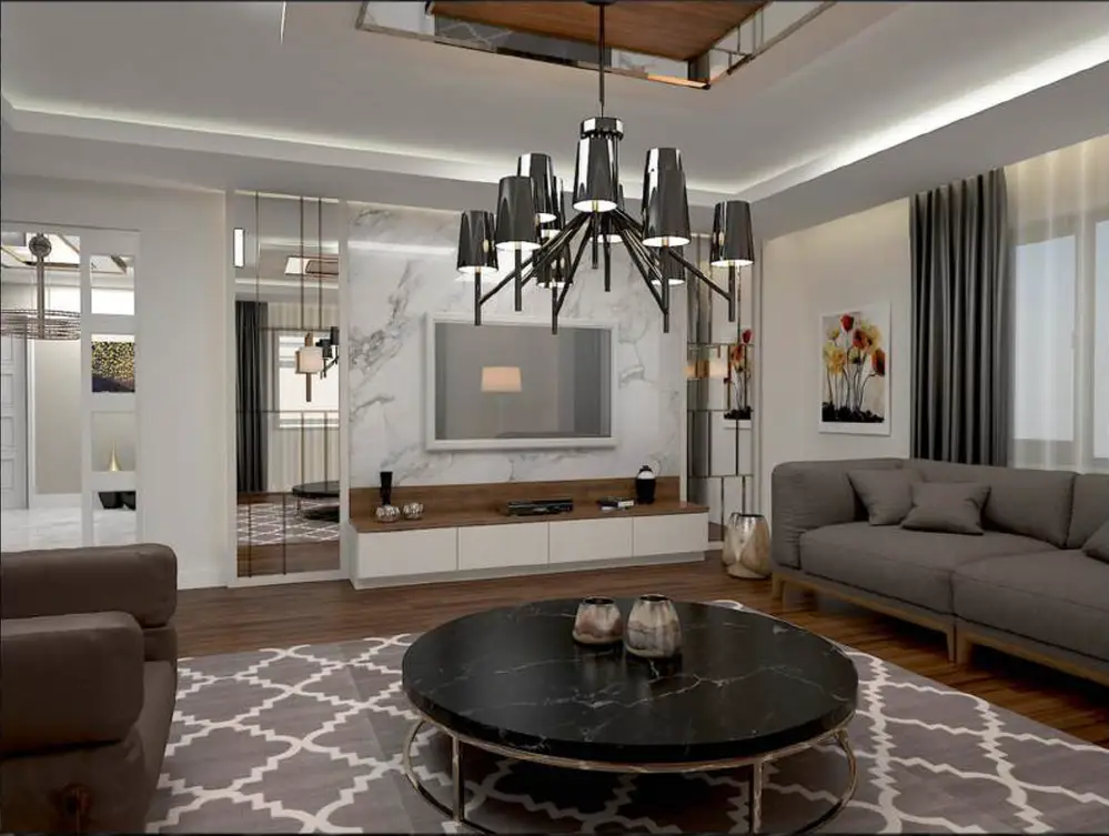 Villa Başdemir salonu, mermer TV duvarı, siyah avize ve oturma grubu yerleşimi