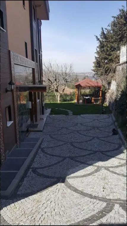 Villa Başdemir bahçesi, kamelya, taş desenli bahçe yolu ve dış cephe kaplaması