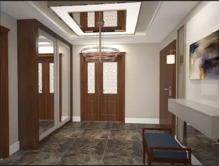 Villa Başdemir giriş holü, buzlu cam panelli ahşap kapı imalatı, dairesel avize ve mermer zemin