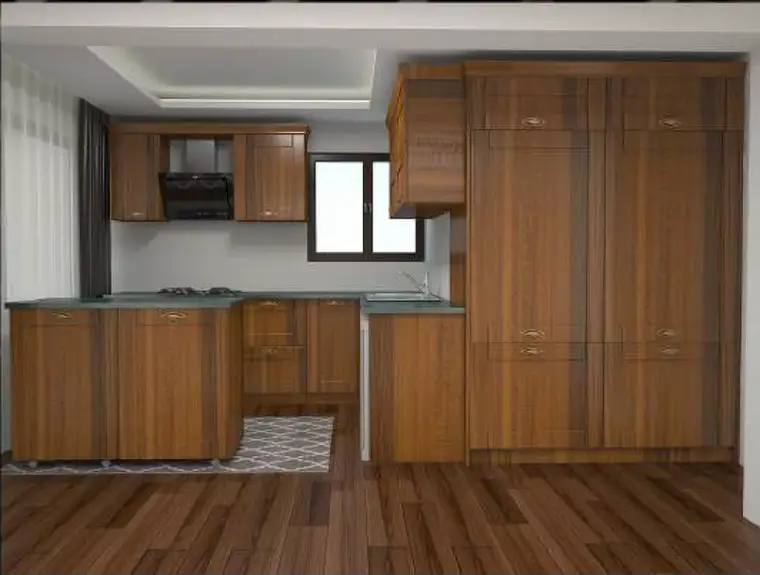 Villa Başdemir mutfağı, özel imalat ahşap dolaplar, tam boy üniteler ve tezgah düzeni