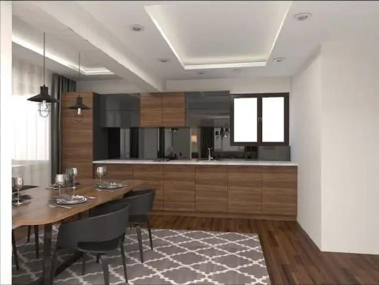 Villa Başdemir mutfak ve yemek alanı, ahşap ada tezgah, koyu dolaplar ve sarkıt aydınlatma