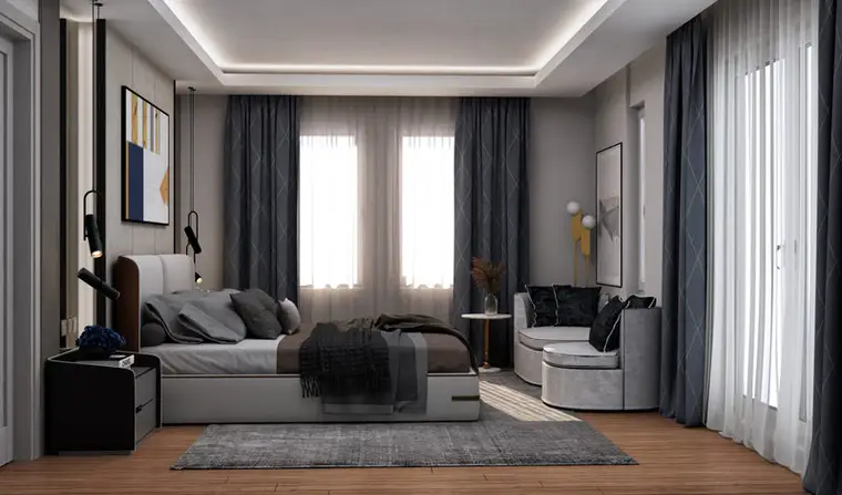 Villa Göktürk yatak odası genel görünüm, yatak ünitesi, oturma koltuğu ve pencere düzeni