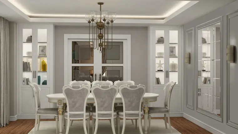 Villa Göktürk yemek odası, klasik masa takımı, camekanlı özel imalat vitrinler ve avize