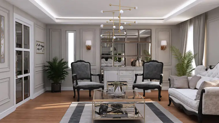 Villa Göktürk klasik oturma odası, aynalı konsol duvarı, avize ve duvar kaplama panoları